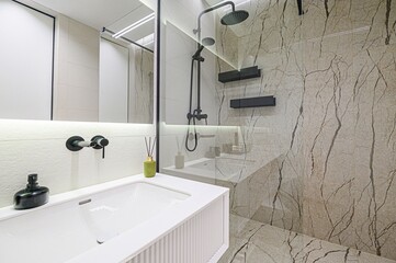interior apartment room bathroom, sink, decorative elements, toilet. WC, sanitary unit, wash room
