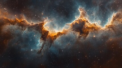 Fototapeta premium Cosmic nebula artwork displaying vibrant galaxy clouds in turquoise and orange, deep space visualization with stellar dust and stars creating&nbsp;dramatic interstellar atmosphere.