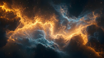 Fototapeta premium Cosmic nebula artwork displaying vibrant galaxy clouds in turquoise and orange, deep space visualization with stellar dust and stars creating&nbsp;dramatic interstellar atmosphere.