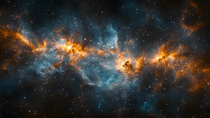 Fototapeta premium Cosmic nebula artwork displaying vibrant galaxy clouds in turquoise and orange, deep space visualization with stellar dust and stars creating&nbsp;dramatic interstellar atmosphere.