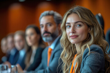 Fototapeta premium Business panel discussion with diverse speakers in professional setting