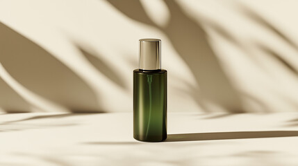 an editorial photo of small tinted green glass bottle with a sleek metal cap. The green hue not only gives a sense of warmth and natural beauty but also provides a vintage apothecary feel, perfect for