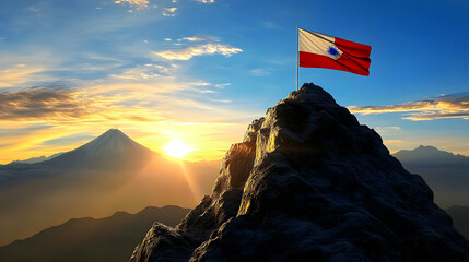 A National Flag Waving Proudly on a Mountain Peak During a Dramatic Sunrise Over a Mountain Range, Symbolising Patriotism and Achievement.