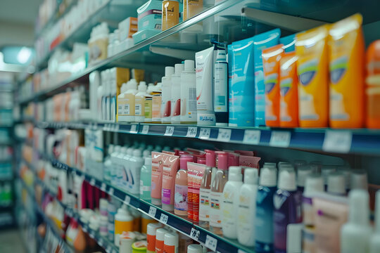 Rows of colorful bottles and tubes of beauty and personal care products neatly arranged on store shelves.