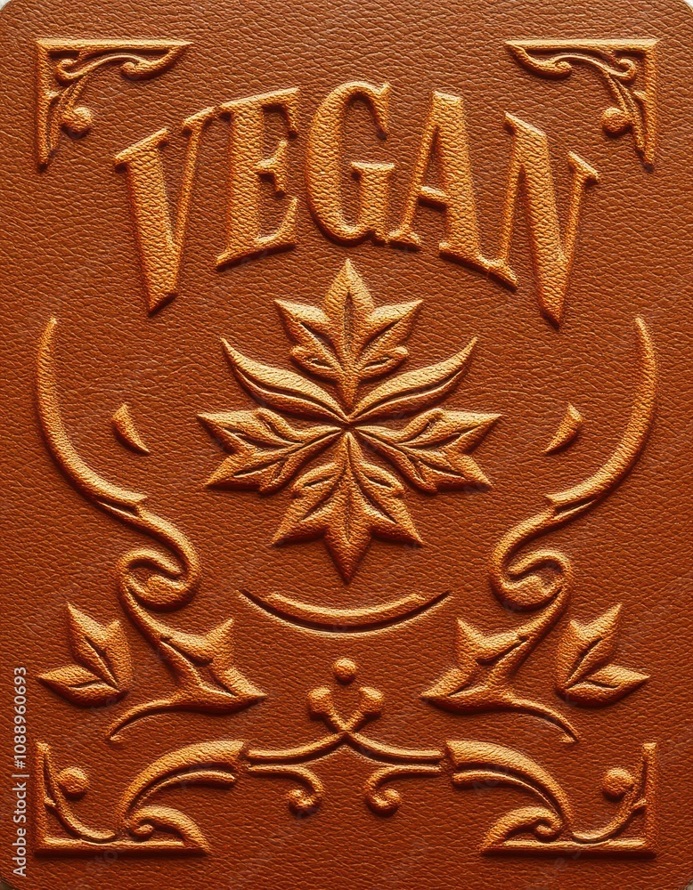 Canvas Prints Embossed vegan label design features intricate floral patterns and elegant typography on a rich brown leather texture