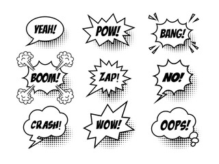Set of black and white comic speech bubbles with text isolated on a white background. Vector flat illustration.