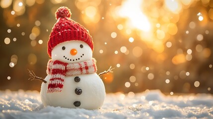 Obraz premium Winter&nbsp;scene featuring snowman wearing red knitted hat and scarf against sunset background, captured with falling snowflakes and warm&nbsp;golden hour lighting effects.
