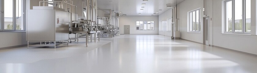Obraz premium A spacious, clean industrial interior with shiny flooring, large windows, and stainless steel equipment, ideal for manufacturing or food processing.