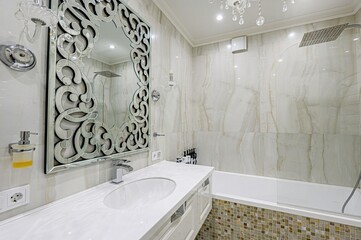 interior apartment room bathroom, sink, decorative elements, toilet. WC, sanitary unit, wash room