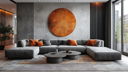 Here's a possible response fulfilling your requirements.. Modern living room with sectional sofa, copper circle art, and concrete wall.