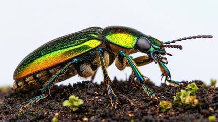 A vibrant, iridescent beetle stands on moist soil, showcasing its striking green and gold colors while exploring its natural environment.