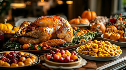 Roasted Turkey with Stuffing, Cranberry Sauce, and Autumn Vegetables for Thanksgiving Feast