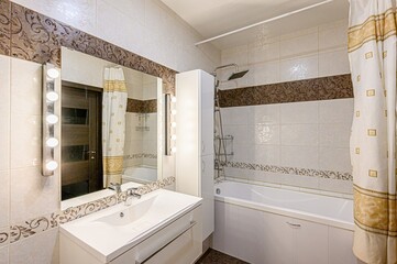 interior apartment room bathroom, sink, decorative elements, toilet. WC, sanitary unit, wash room