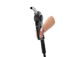 Hands holding Fuel black nozzle, transparent background