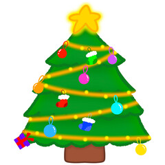 Christmas tree decorated with stockings and colorful balls