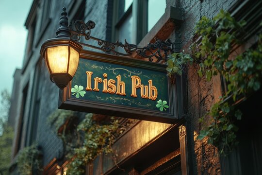 Vintage irish pub sign with shamrock decor in rustic setting