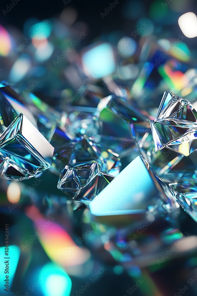 Poster a close-up view of brilliantly shimmering crystal shapes reflecting multicolored light in a beautifu