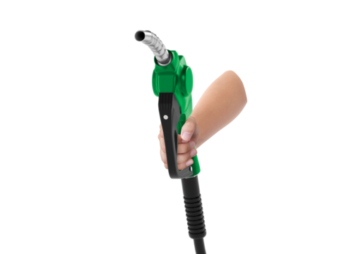 Hands holding Fuel green nozzle, transparent background