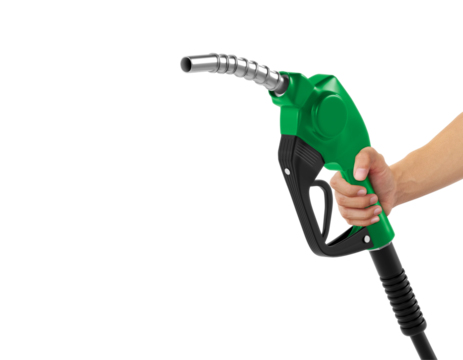 Hands holding Fuel green nozzle, transparent background