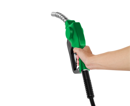 Hands holding Fuel green nozzle, transparent background