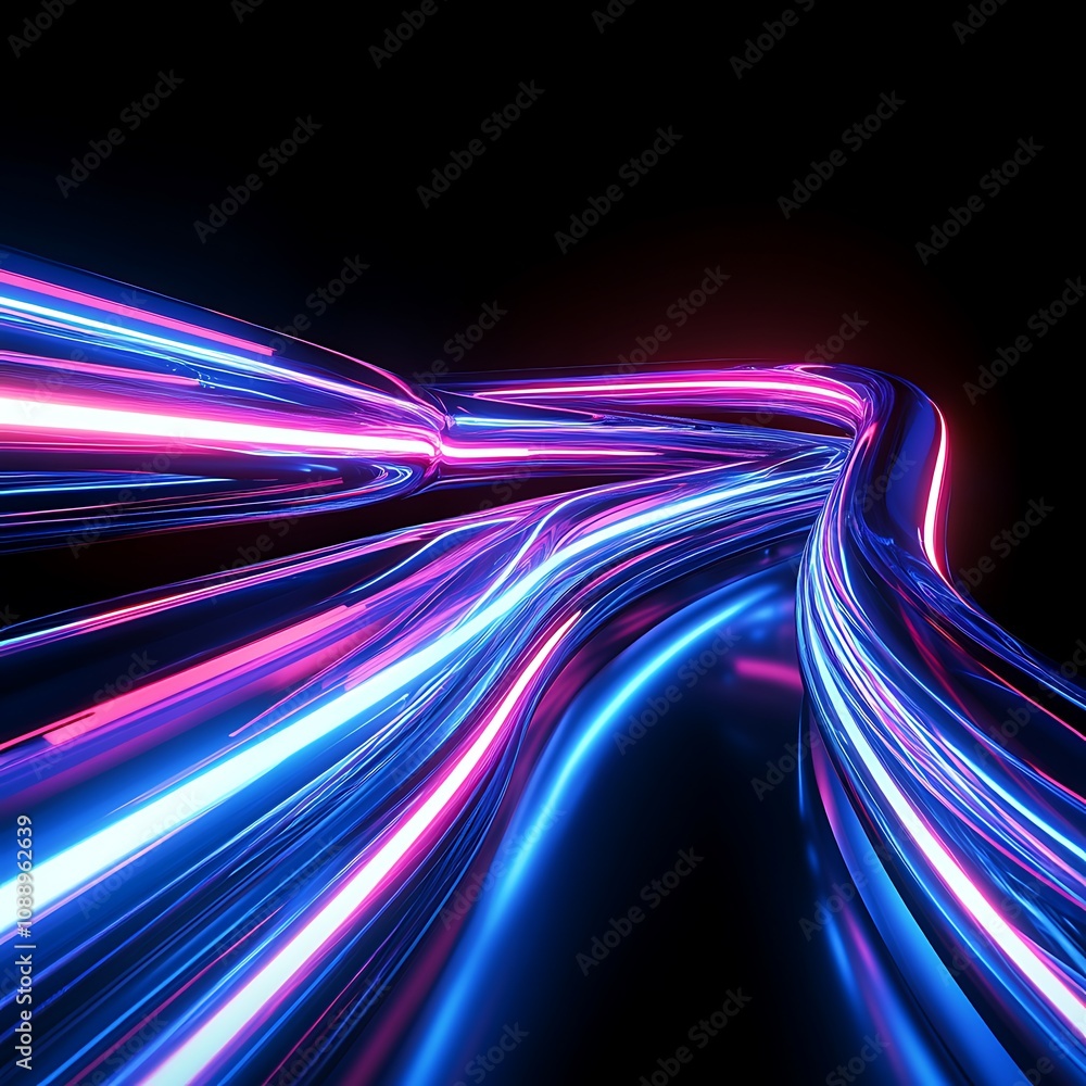 Poster a vibrant abstract light trail in striking blue and pink colors, creating a dynamic flowing pattern 