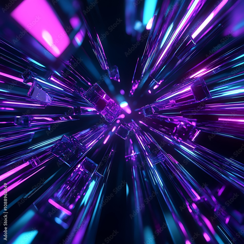 Poster abstract 3d background with dynamic light rays and colorful shimmering particles in purple and blue,