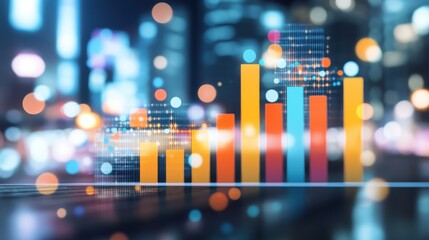 Upward trending bar graph over blurred city lights.