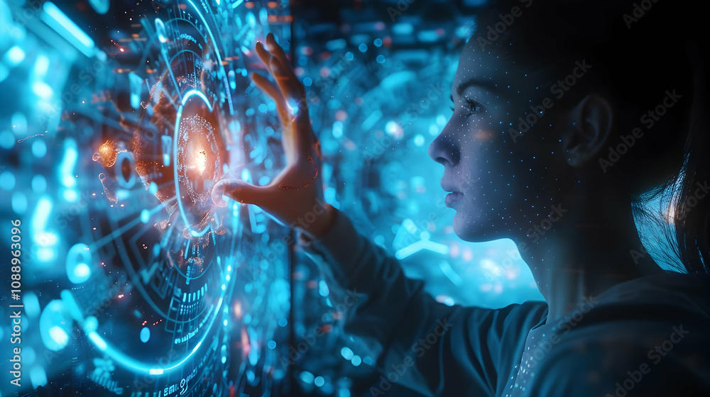 Poster woman interacts with futuristic holographic interface, exploring digital data visualization in a sci