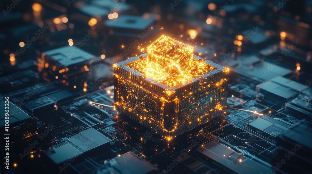 Poster glowing cube embedded within a complex circuit board