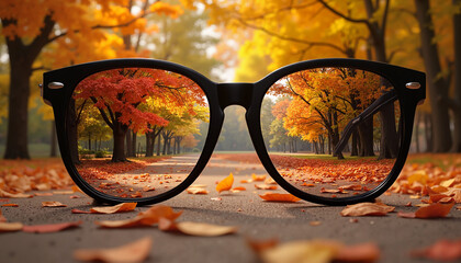 Sunglasses reflecting a picturesque autumn landscape with colorful fall foliage and a serene path