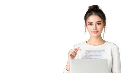 Fototapeta premium A woman holding a pen, looking at a laptop with notes. Transparent background.