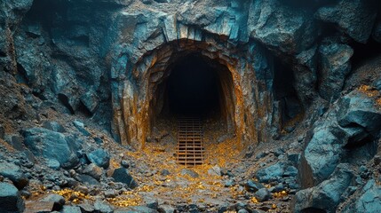 Obraz premium Dark mine tunnel entrance with ladder, rocks.