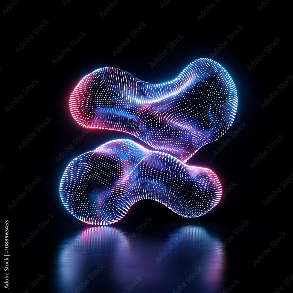 Poster abstract 3d shape with colorful lights and glowing dots displaying fluid movement and modern digital