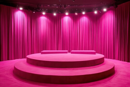 Bright Pink Stage with Curtains and Spotlights