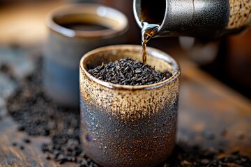Pouring aromatic tea leaves into a rustic cup on a wooden table in a cozy setting