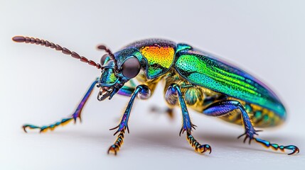 Fototapeta premium A vibrant, iridescent beetle showcases striking colors and intricate details, highlighting the beauty of nature's small creatures.