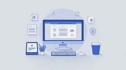 Modern workspace with computer, tablet, keyboard, and coffee cup.