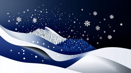 abstract background made from paper cut. Copy space over paper. paper layer shape are snowflakes, larch tree and snow, snowflakes with snow mountain in background, in winter season concept high detail
