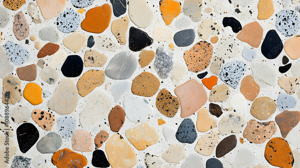 Aufkleber a close-up view of a white concrete surface inlaid with a diverse array of smooth, rounded pebbles i