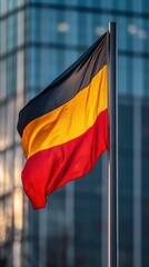 A vibrant German flag flutters against a bustling urban backdrop