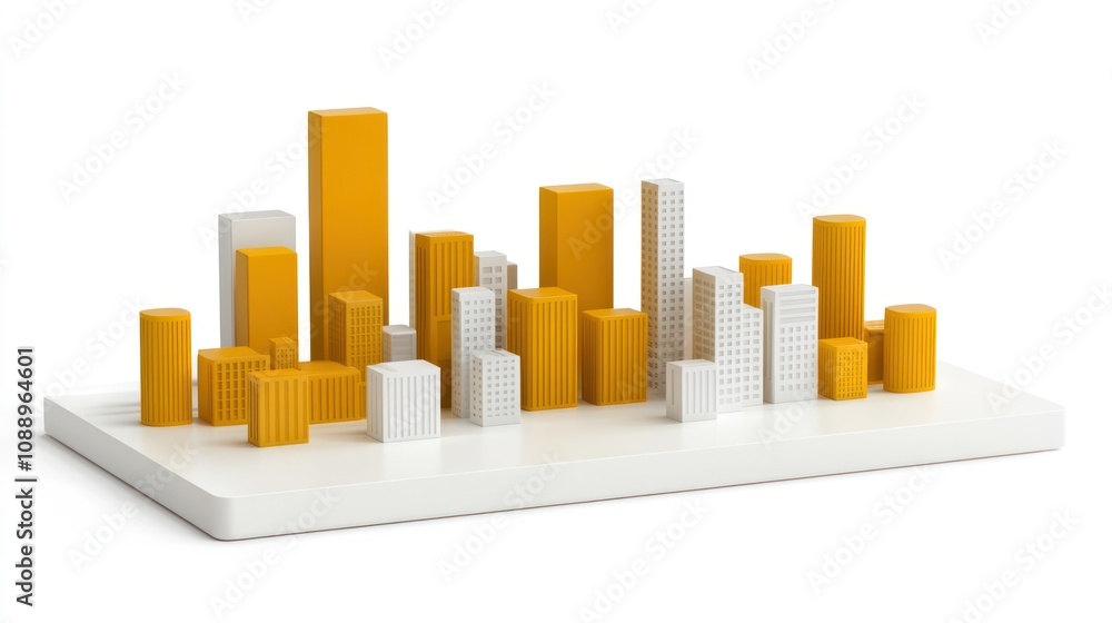 Poster a 3d model of a city skyline featuring various building shapes and colors.
