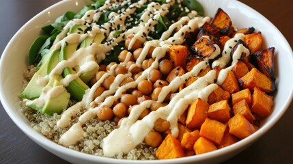 Fototapeta premium Delicious and Healthy Quinoa Bowl with Roasted Sweet Potatoes, Chickpeas, Avocado, and Creamy Dressing