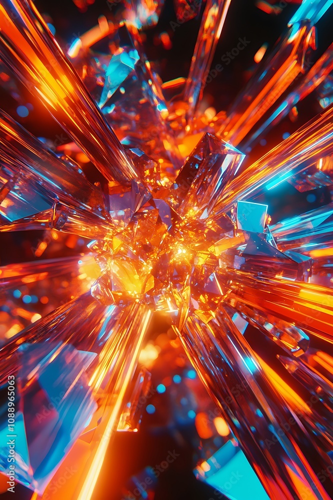 Poster abstract burst of vibrant crystalline shards radiating energy in a dazzling display of orange and bl