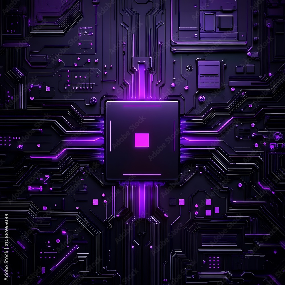 Poster abstract circuit board design with central processor in purple color scheme, featuring intricate pat