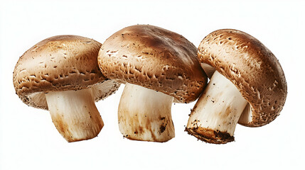 Three Whole Brown Mushrooms Arranged in a Row Against a White Background