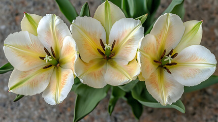 Obraz premium Three White Tulips with Peach Stripes Bloom Facing Upwards in Close Up, Displaying Delicate Petals and Intricate Detail