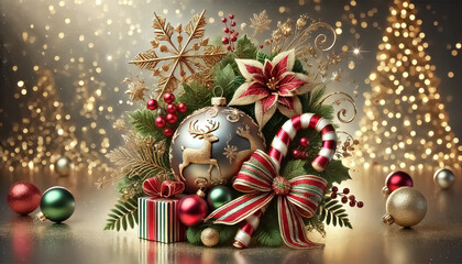 Christmas card decorated with candy canes, bows, ribbons, reindeer balls, snowflakes, and gift boxes in front of a pine tree decorated with yellow lights