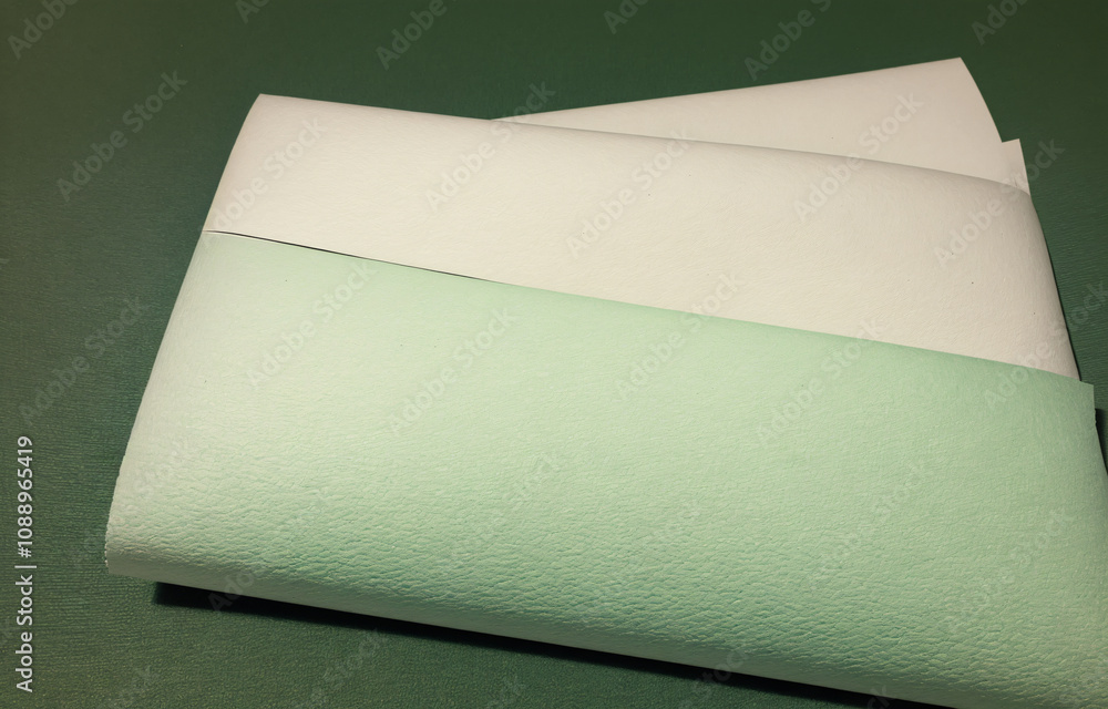 Poster a minimalist composition featuring white and mint green textured paper stacked neatly, creating a cl