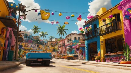 Obraz premium Vibrant street scene in a colorful town, featuring bright buildings, palm trees, festive decorations, and a pickup truck.