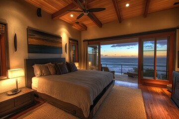 Modern Bedroom with Ocean View at Sunset